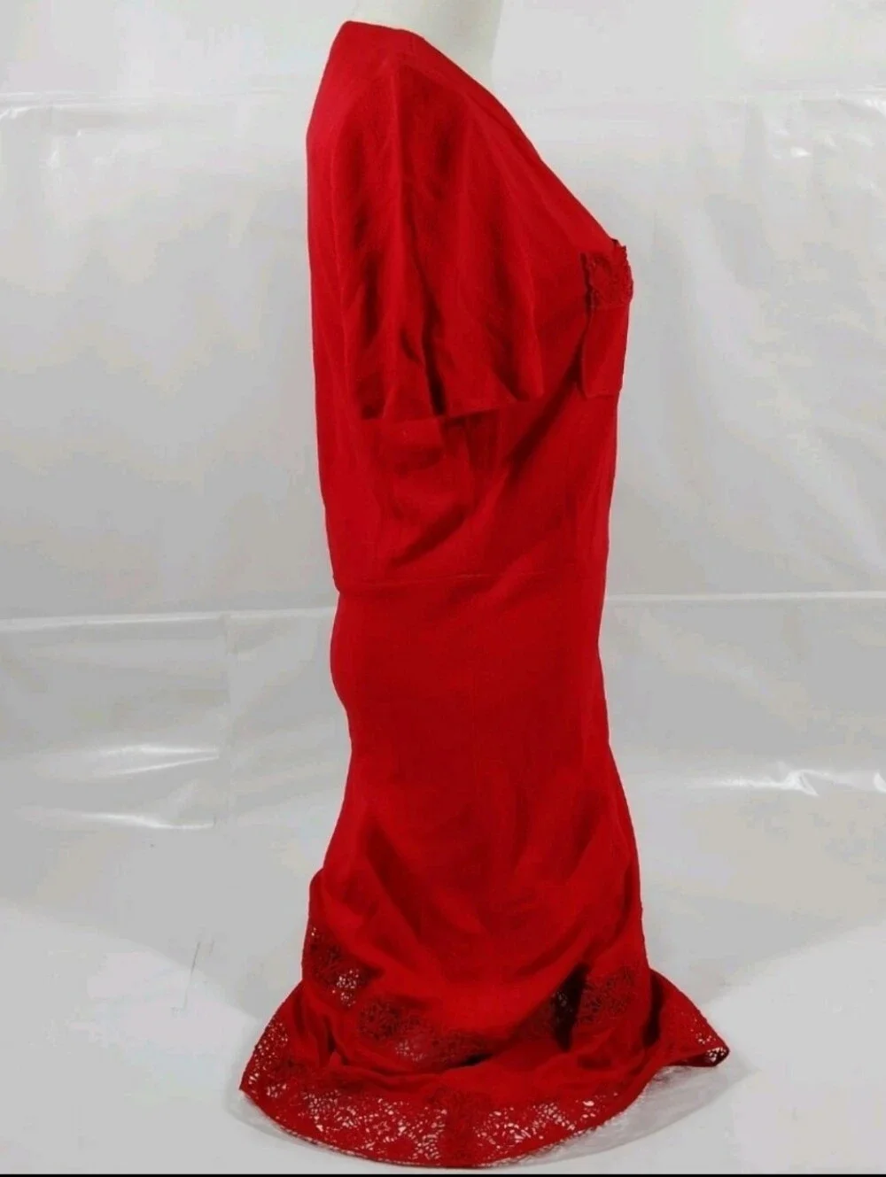 Louis Vuitton Red Short Sleeve Rayon Silk Cotton Polyester Lace Trim Midi Dress